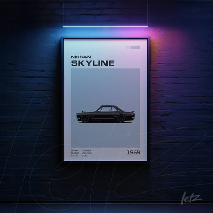 framed minimalist art of 1969 Nissan Skyline on textured blue wall