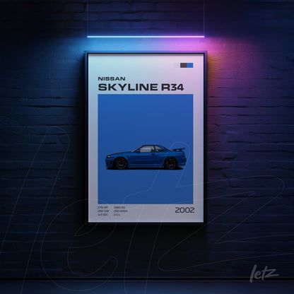framed digital art of Nissan Skyline R34 in dark blue background with black frame