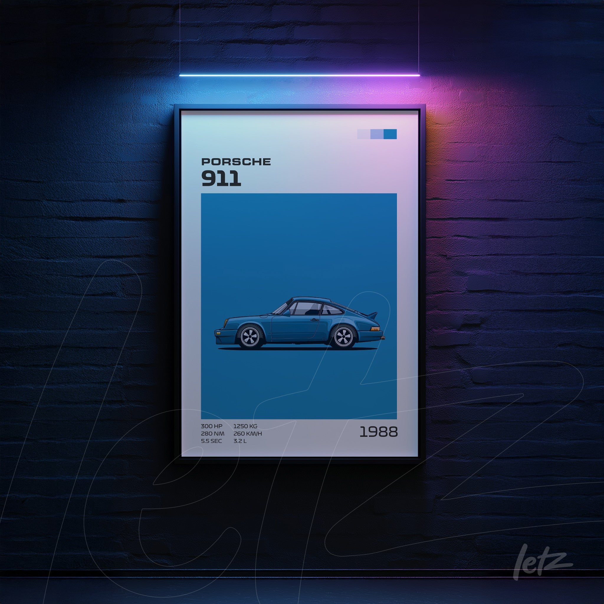 framed wall art featuring a blue Porsche 911 illustration with dark frame on dark blue wall