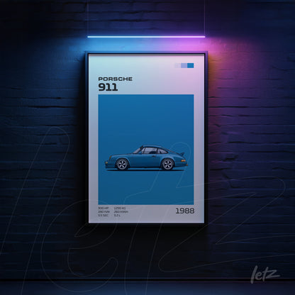 framed wall art featuring a blue Porsche 911 illustration with dark frame on dark blue wall