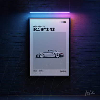 minimalist wall art featuring illustration of Porsche 911 GT2 RS in a black frame with gray background and neon accents