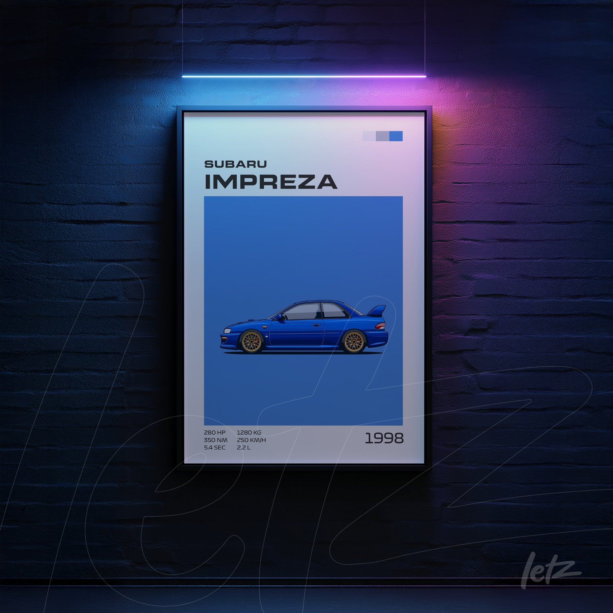 framed digital illustration of a 1998 Subaru Impreza with a minimalist blue background and black frame