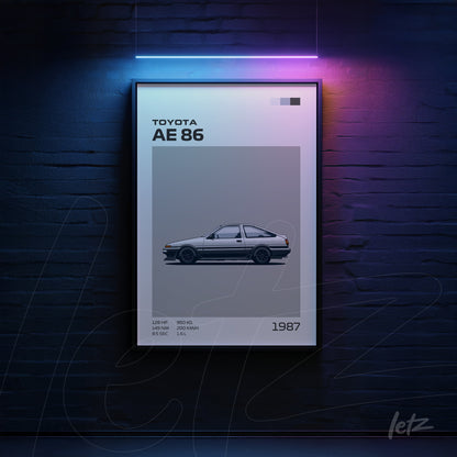 minimalist wall art featuring a side view of a Toyota AE 86 in a black frame, showcasing technical details alongside