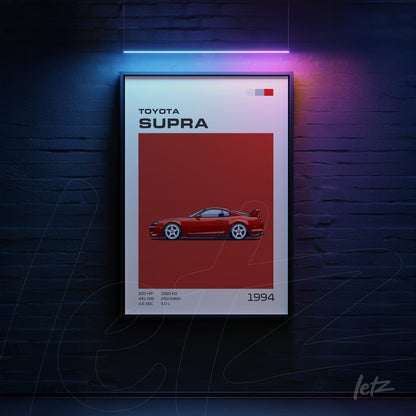 framed artwork featuring a digital illustration of a red Toyota Supra with a minimalist design on a red background