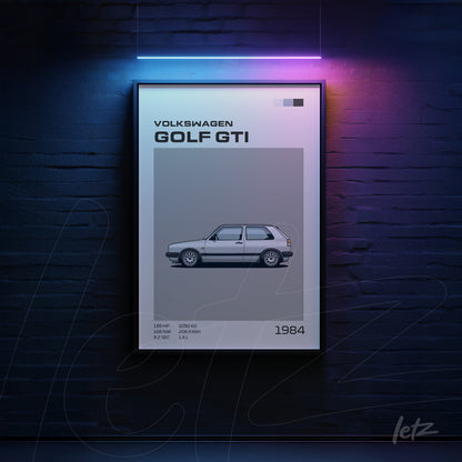 framed minimalist illustration of Volkswagen Golf GTI on dark brick wall