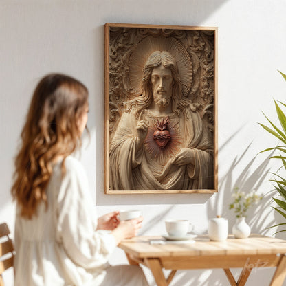 relief sculpture art of Jesus holding a sacred heart in light wood frame displayed on white wall next to a plant