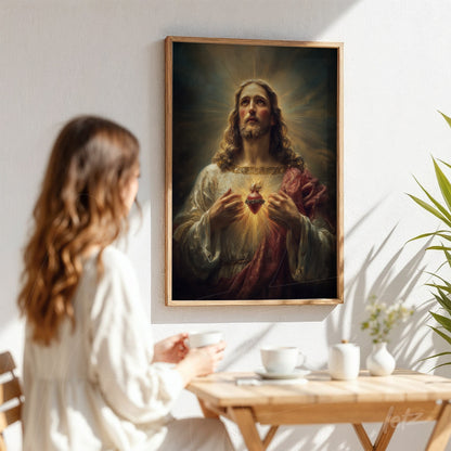 religious artwork of jesus christ in light wooden frame with radiant light in the background
