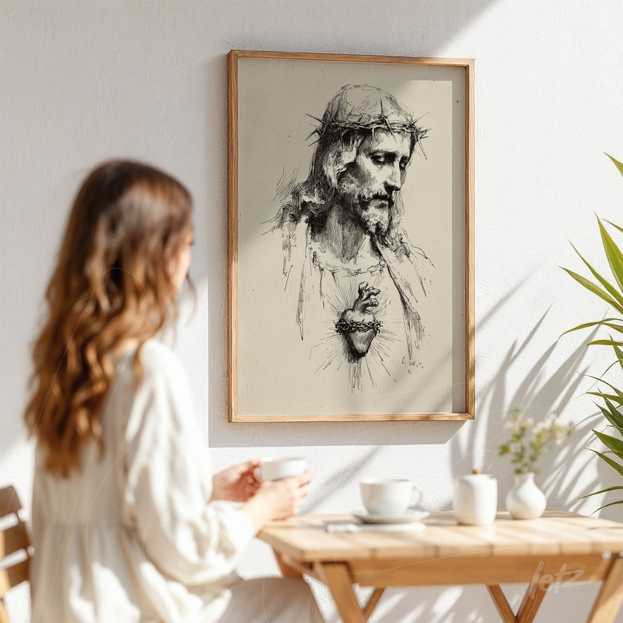 framed wall art with artistic illustration of Jesus Christ in light wood frame, displayed on a light wall with soft shadow