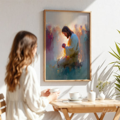 abstract art print of Jesus in prayer, framed in light wood, displayed on a soft white wall with gentle shadows
