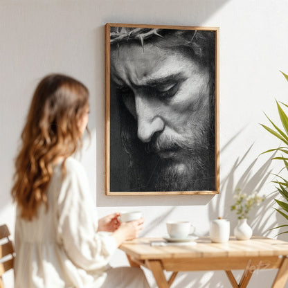 black and white framed wall art of Christ's portrait in a light wood frame displayed in a cozy setting