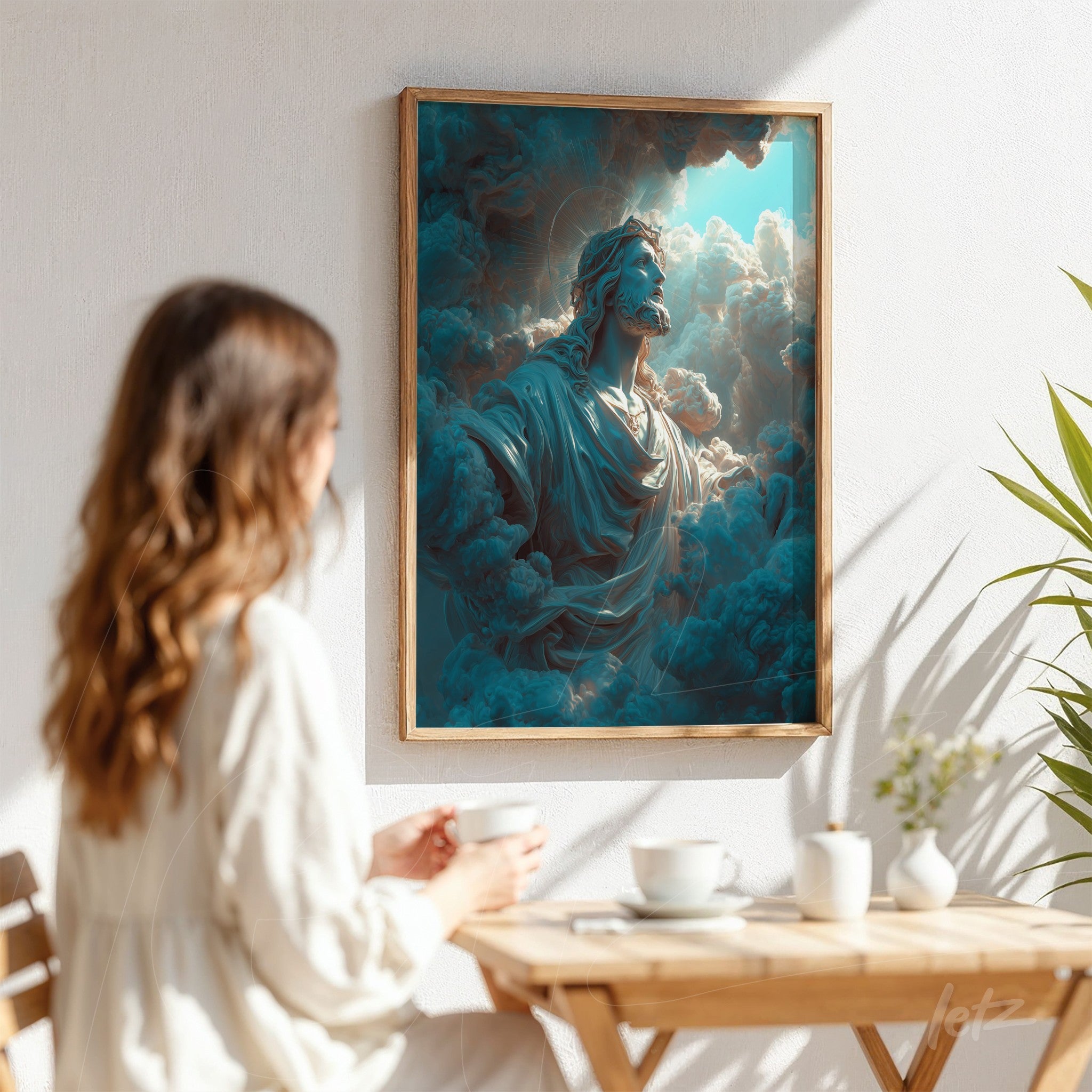 framed artwork depicting a divine figure emerging from blue clouds with a light background