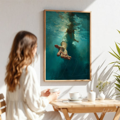 framed wall art featuring a hand reaching out underwater, deep blue background with soft lighting
