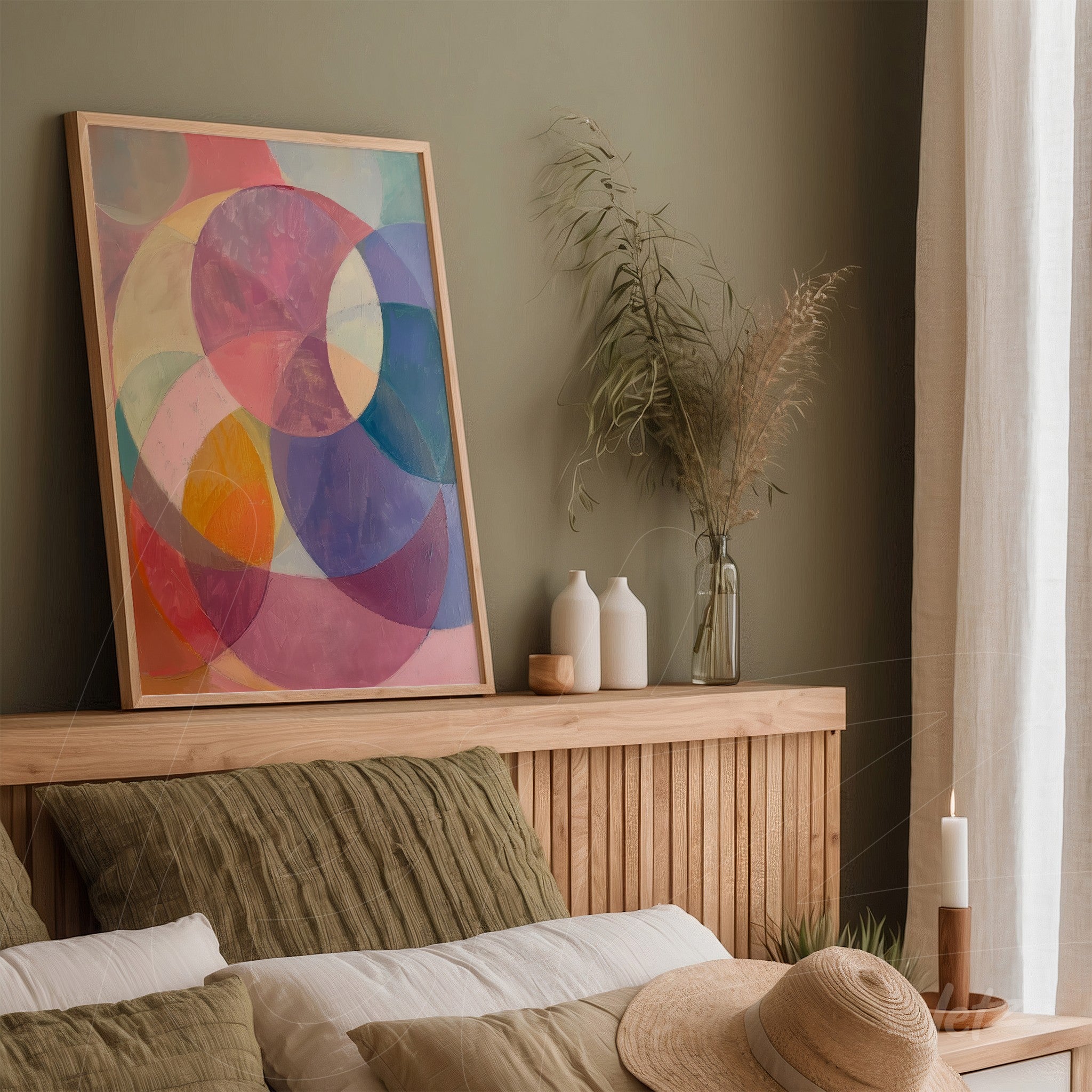 framed abstract art piece featuring colorful circles displayed above a wooden bed headboard