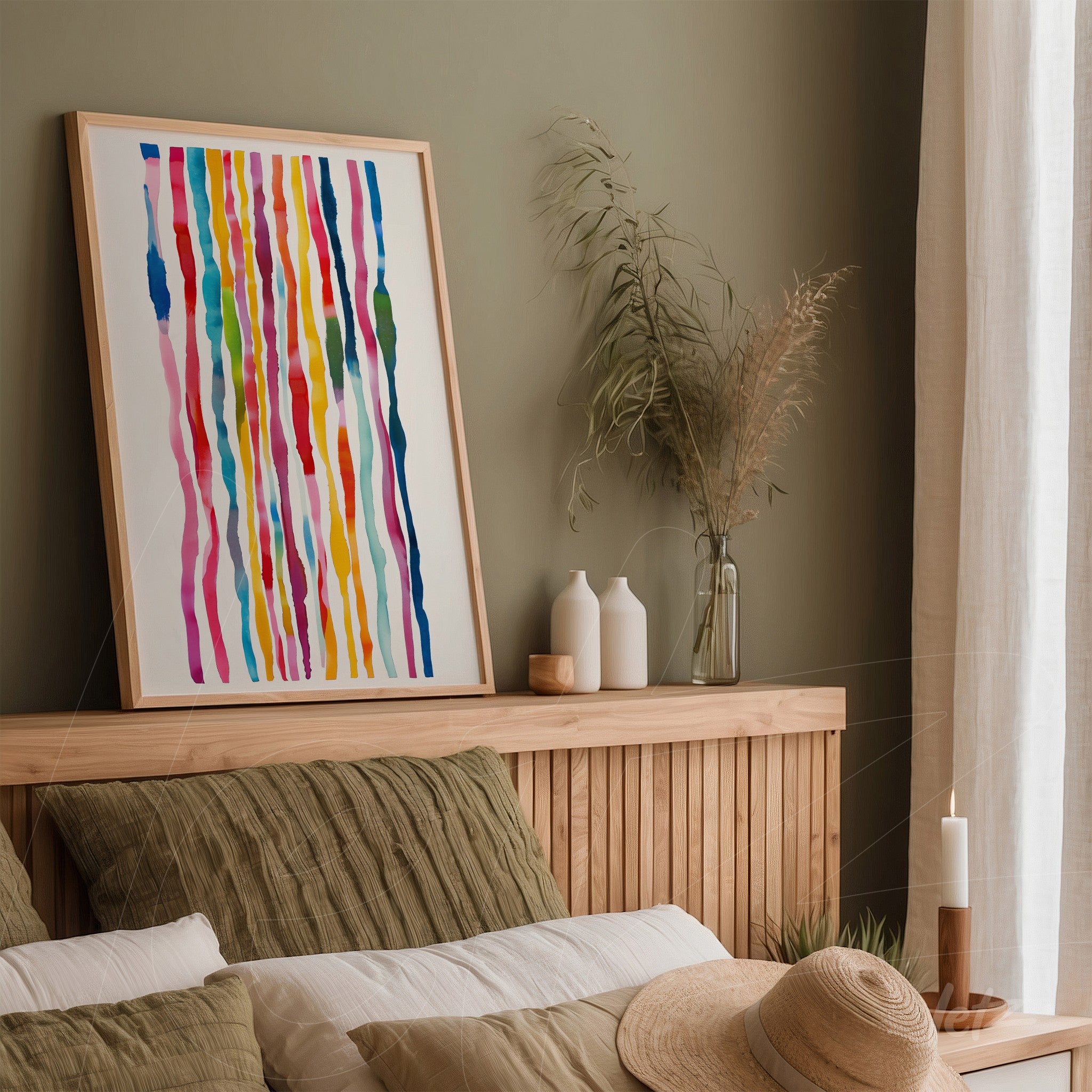 vibrant abstract artwork with vertical lines in light wood frame displayed above a bed headboard in a minimalist decor setting