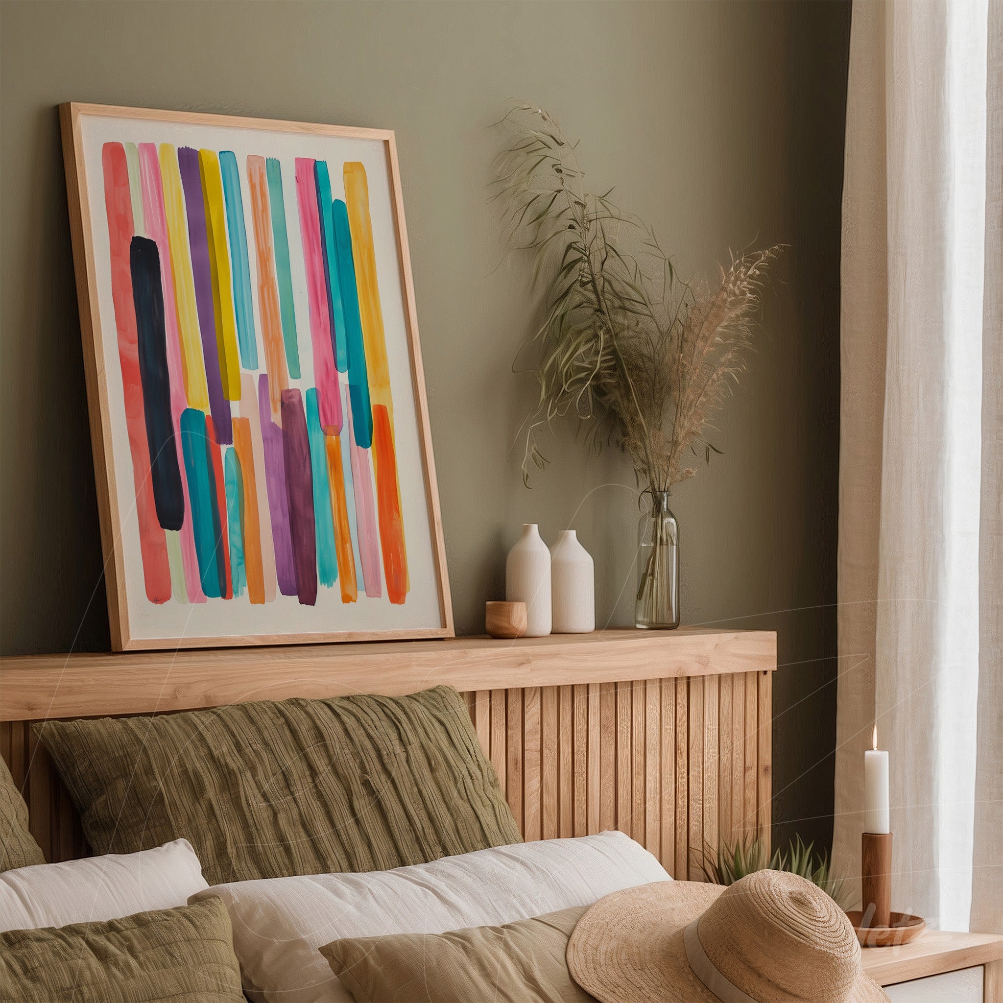 framed abstract art featuring vibrant shades of pink, blue, and green displayed in a room with green wall
