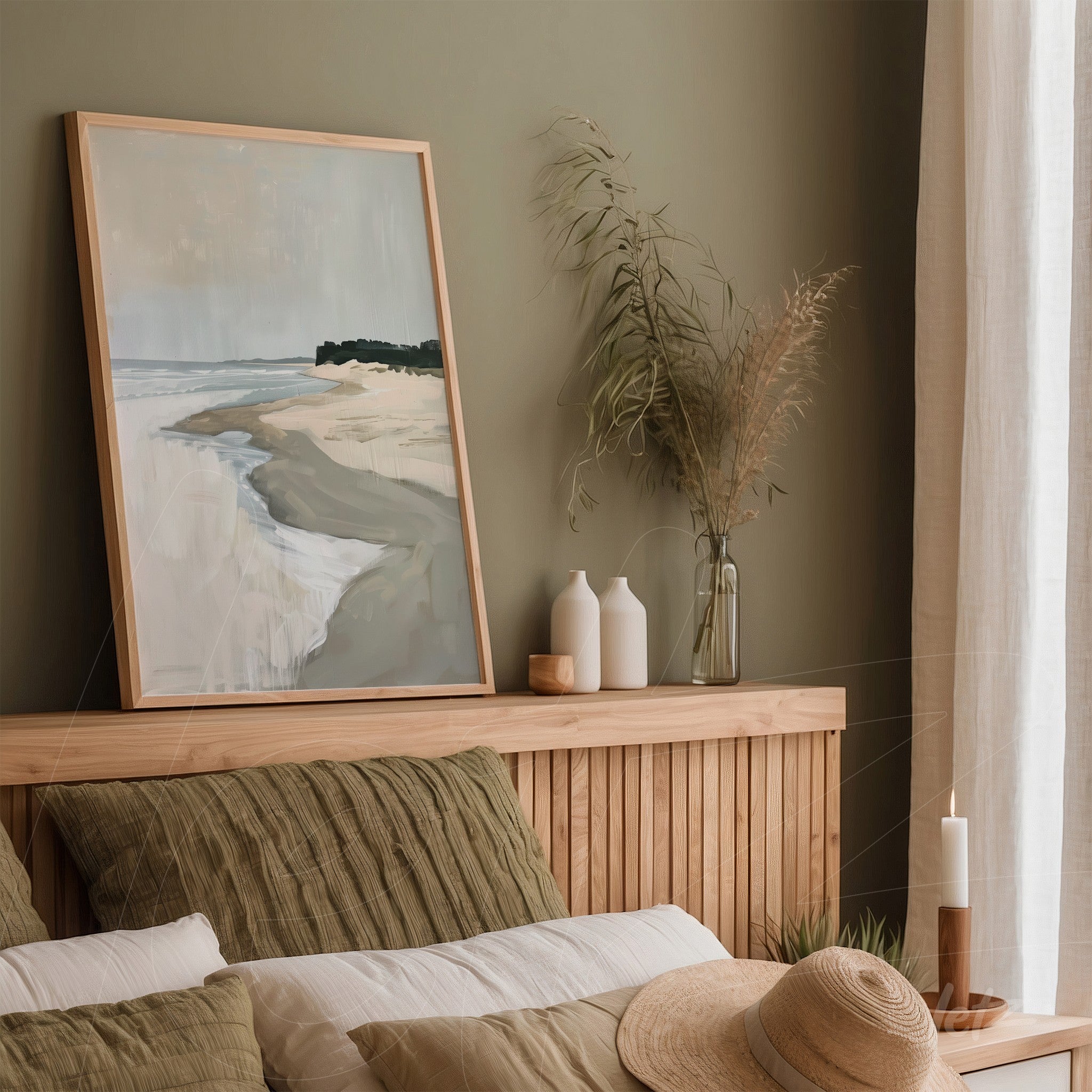 framed artwork depicting a serene beach scene with gentle waves in a light wood frame displayed above a wooden bed headboard with neutral toned bedding
