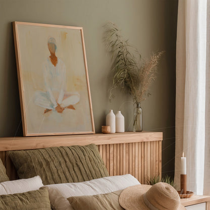 framed abstract art of a seated figure in light wood frame displayed in a cozy room
