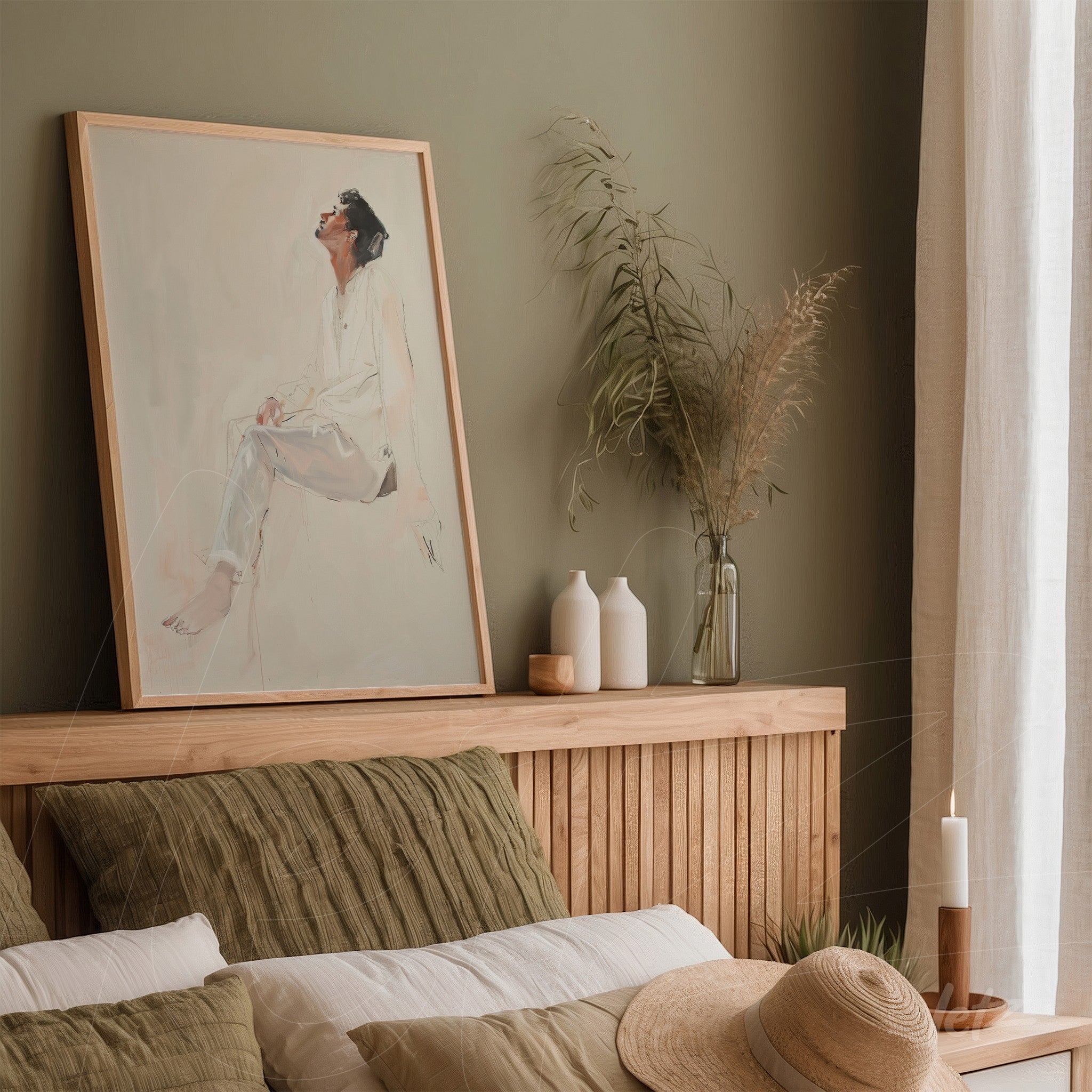 framed artwork of a minimalist portrait of a seated man in a light wood frame, displayed on a green wall with neutral decor