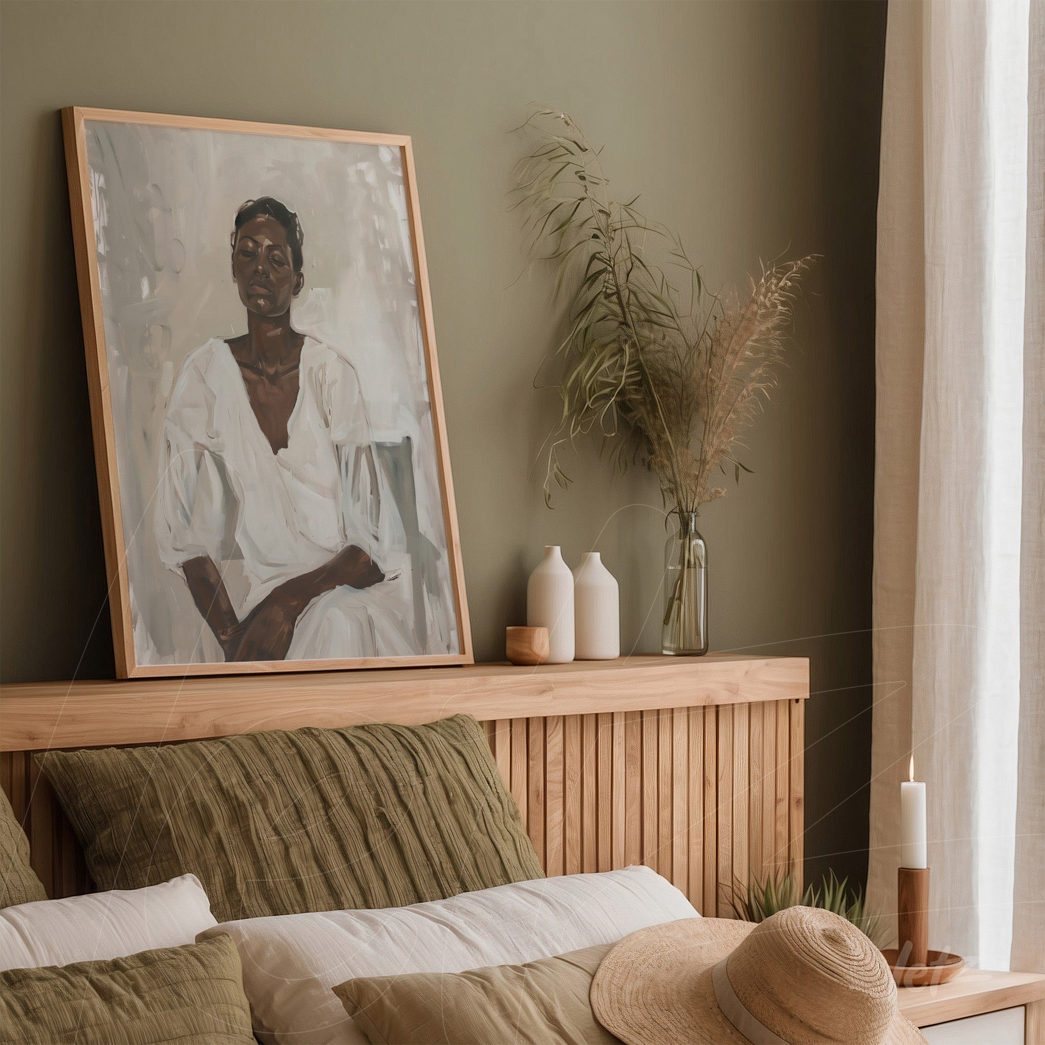 portrait of a woman framed in light wood displayed above a bed with neutral tones