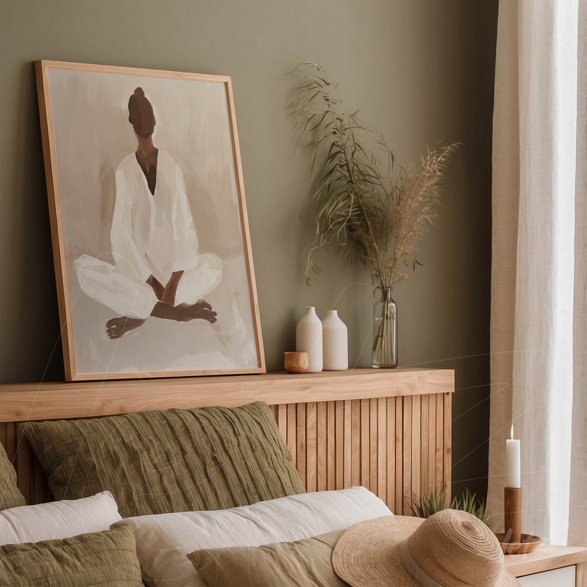 framed minimalist illustration of a meditating woman in a light wood frame displayed in a green wall setting with natural decor