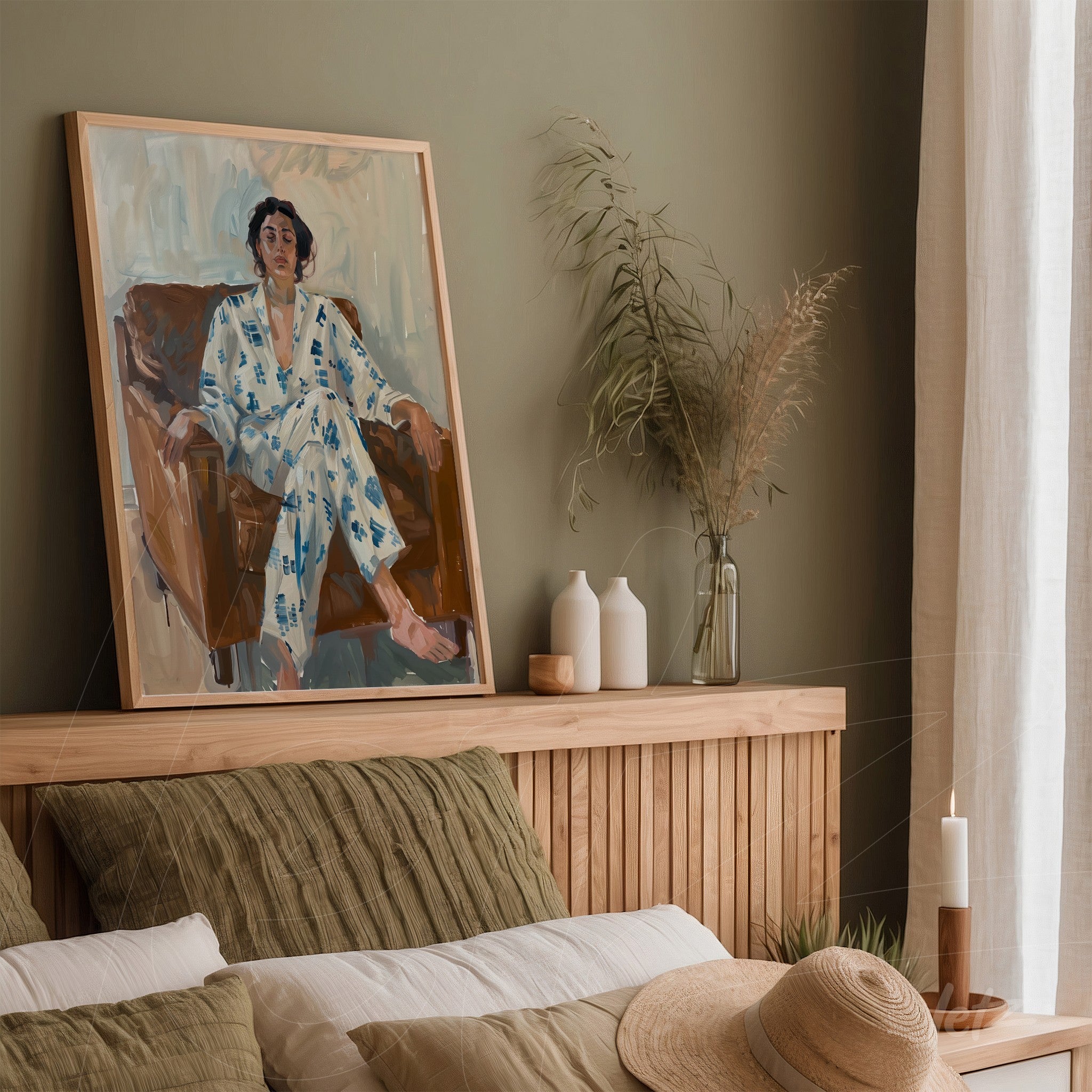 framed portrait of a man sitting on a sofa wearing patterned pajamas with a green wall in the background