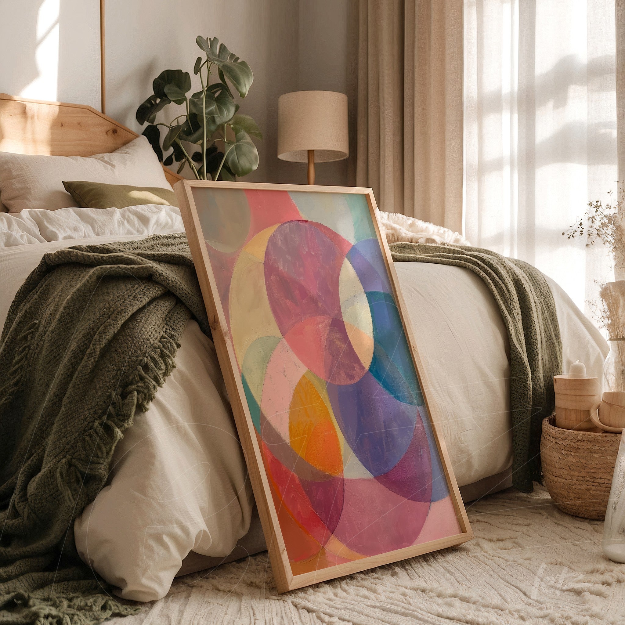 framed abstract art featuring pink, purple, and yellow tones leaning against a bed