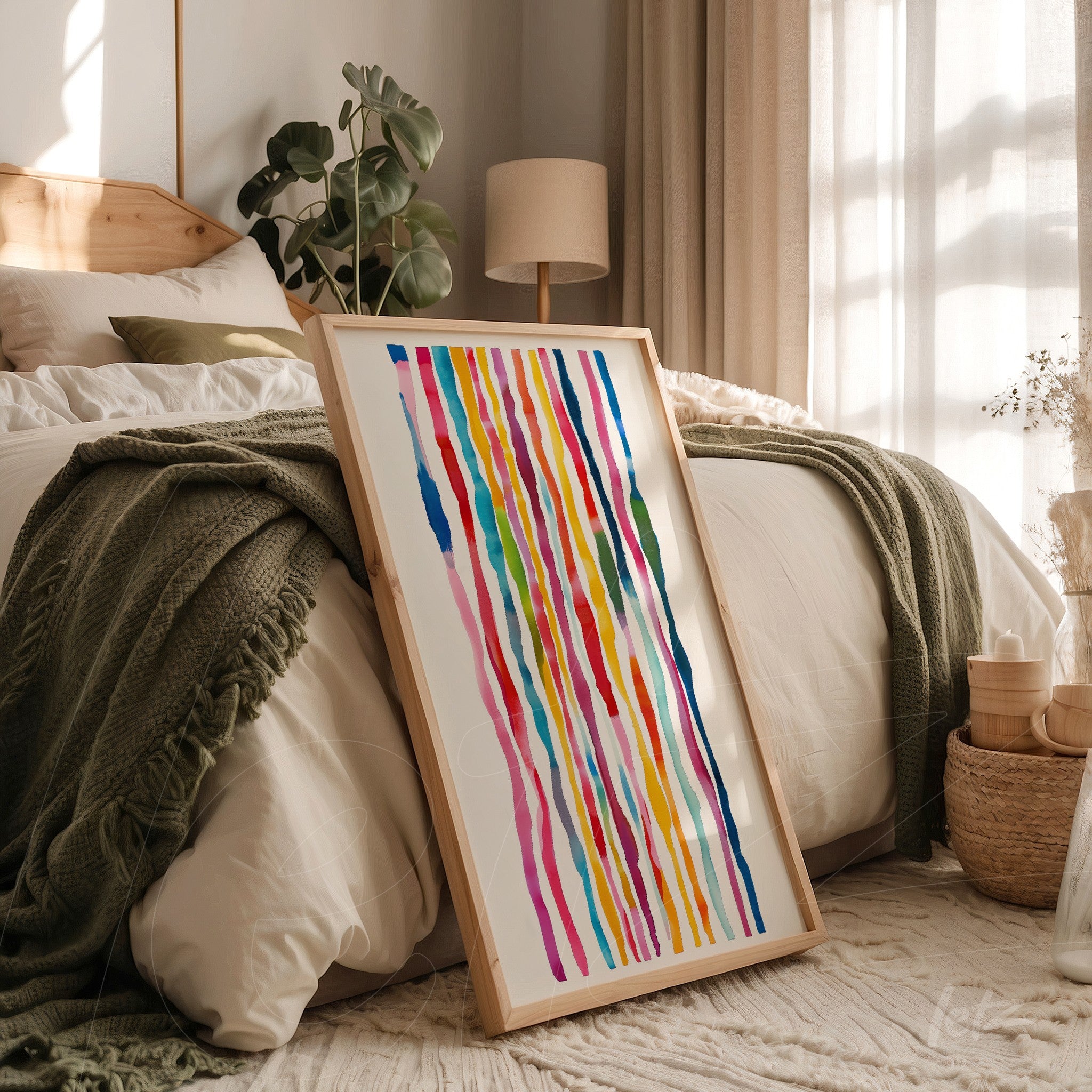 framed abstract wall art featuring colorful vertical stripes in a light wood frame leaning beside a bed in a bright bedroom