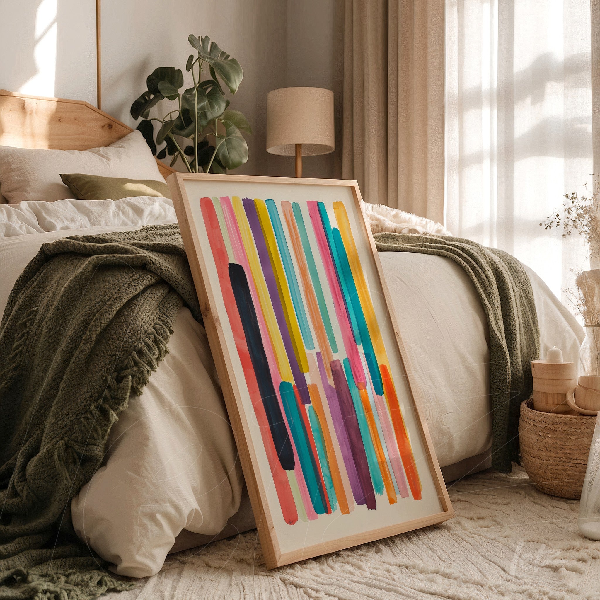 framed abstract art in vibrant shades of pink, blue, yellow, and purple leaning against a bed with a textured blanket