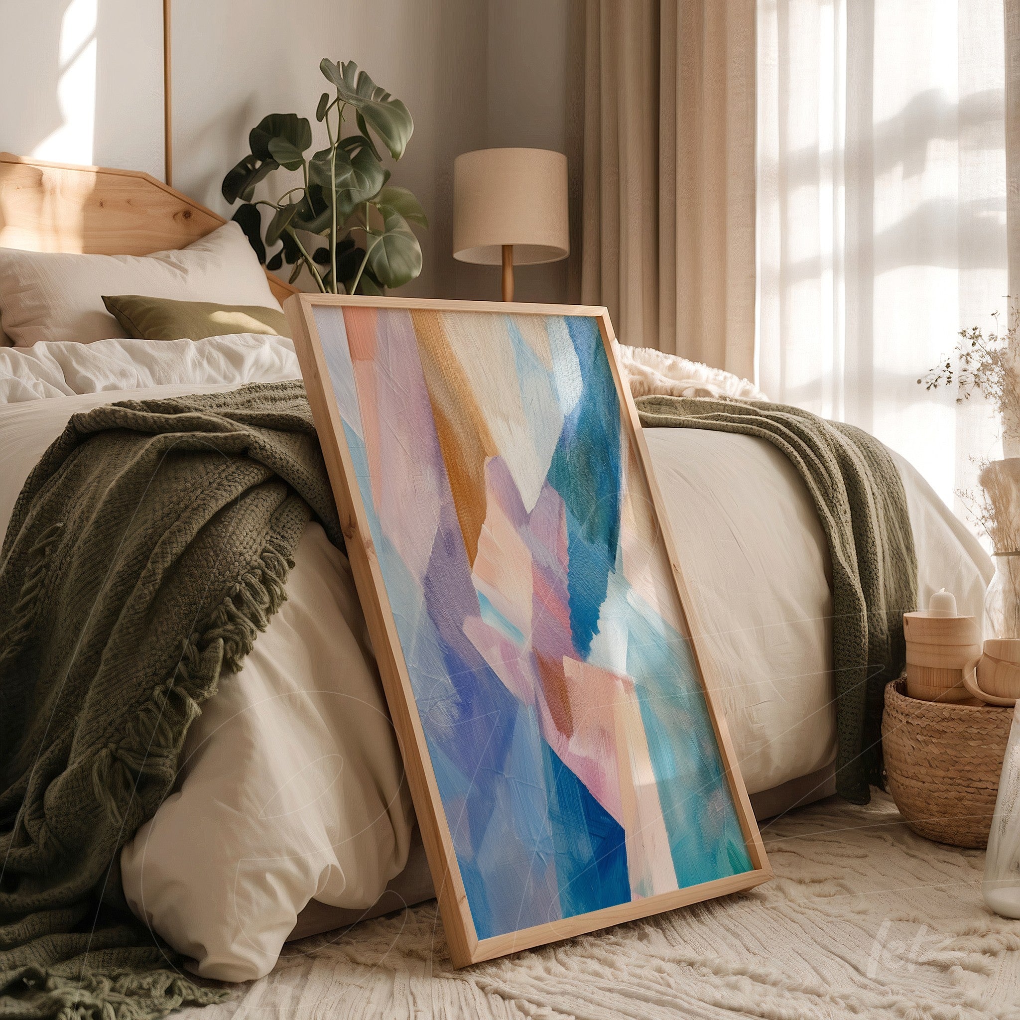 artistic framed wall art with an abstract composition in soft colors displayed on a bed with white sheets