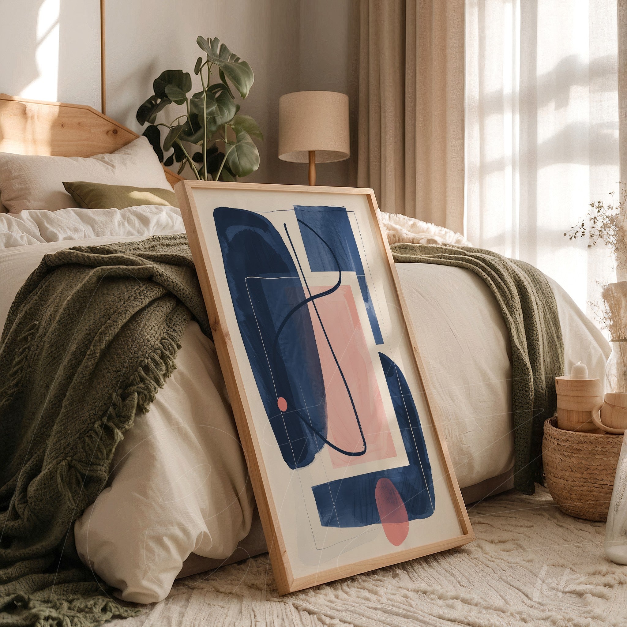 abstract wall art in light frame leaning against a bed with green blanket