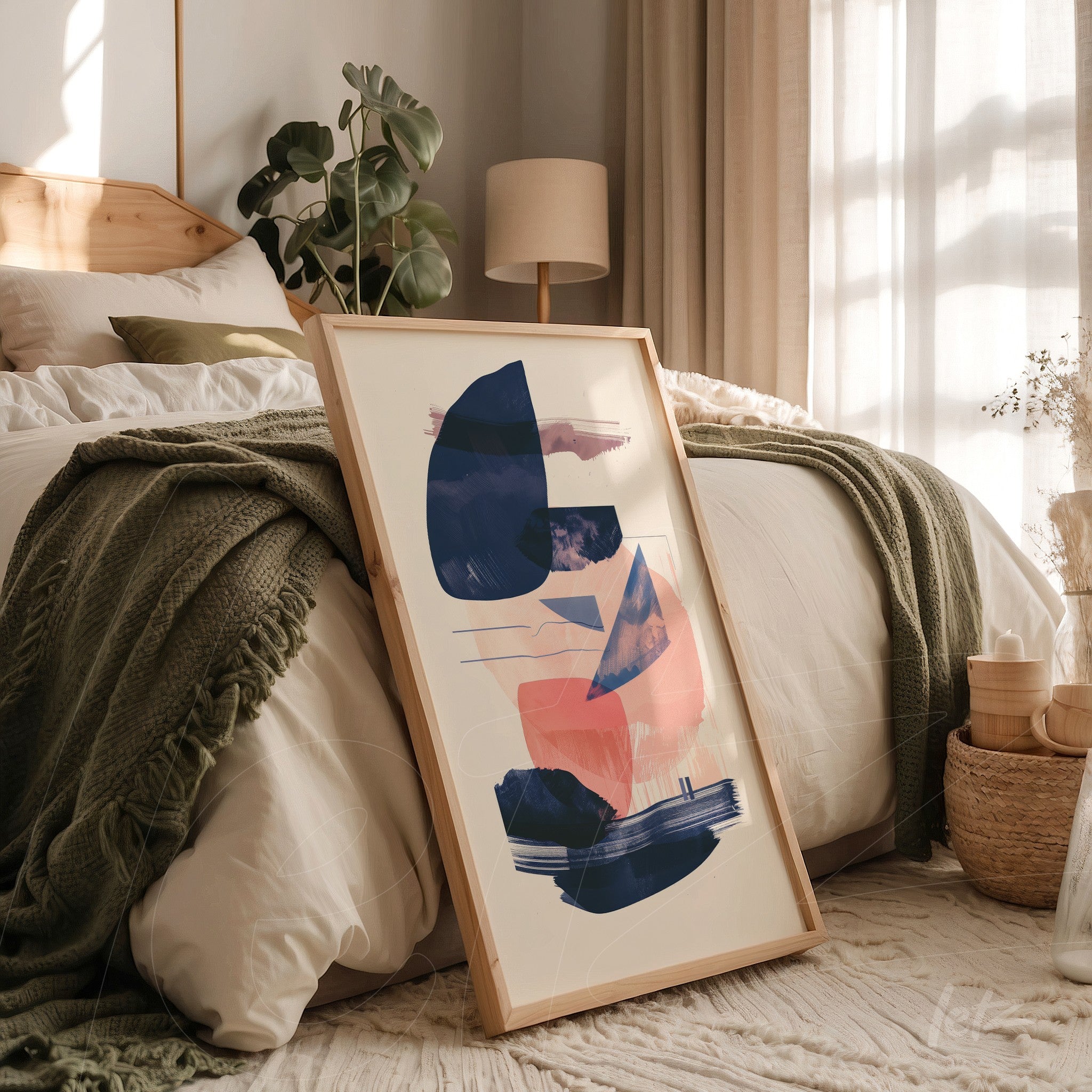 framed abstract art featuring feminine shapes in pink, blue, and nude displayed against a minimalist bedroom backdrop