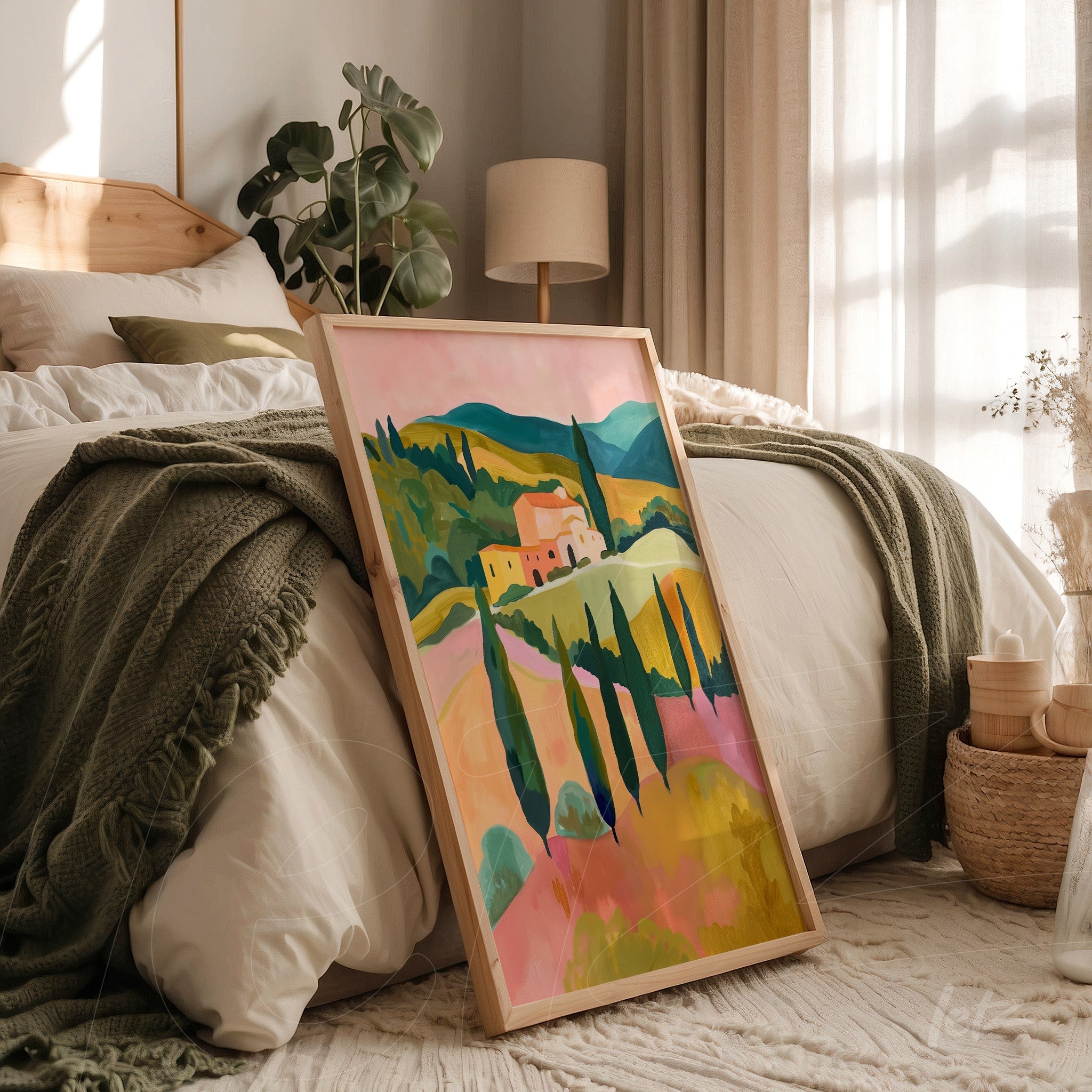 framed art print featuring a vibrant landscape of hills and cypress trees leaning against a cozy bed in a warm room