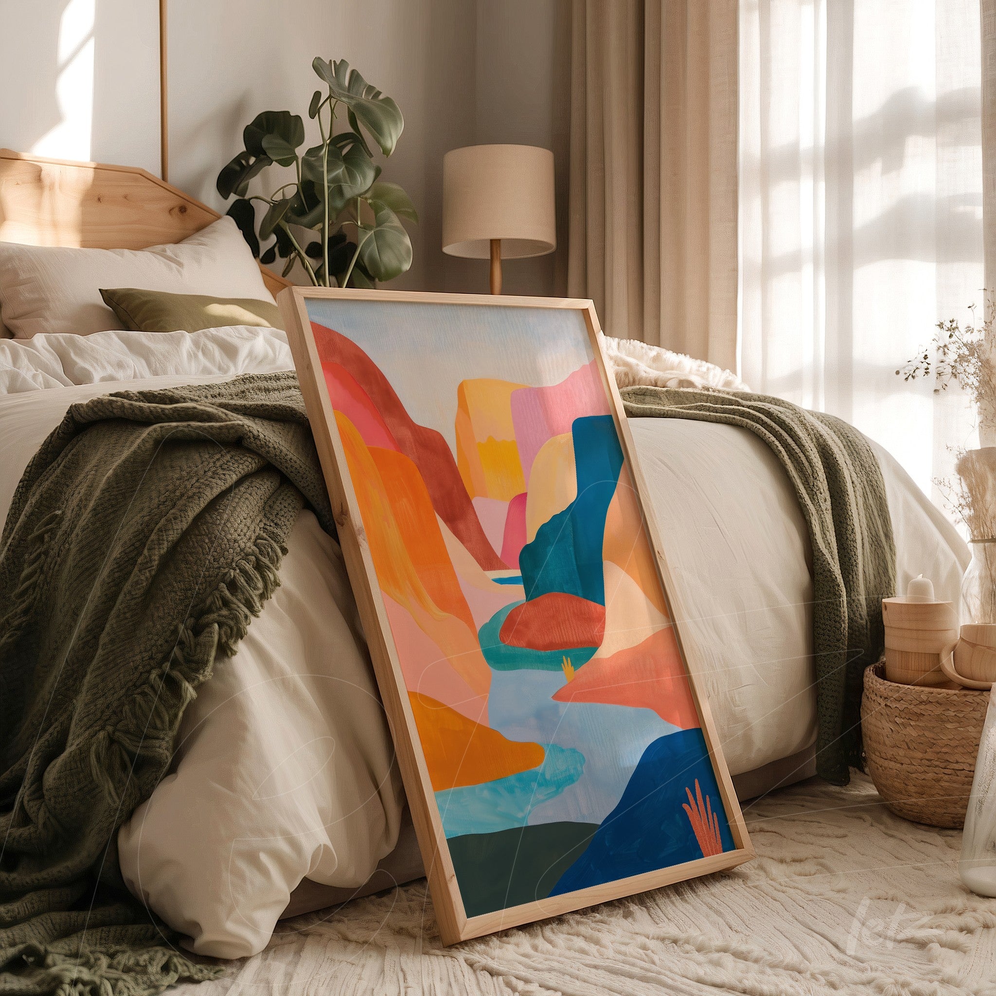 abstract landscape art print in light wood frame displayed next to a bed in a bright bedroom