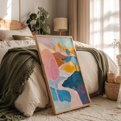 framed abstract wall art in pastel colors leaning against a bed with light bedding and light wood frame