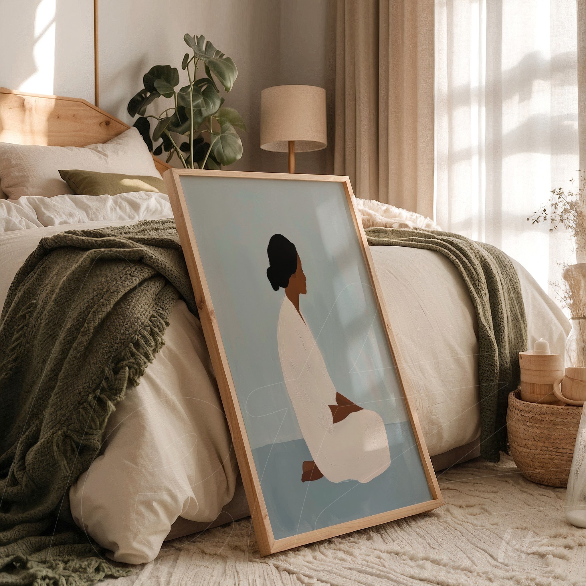framed minimalist portrait art of a woman in a natural wood frame displayed on a bed with white linens