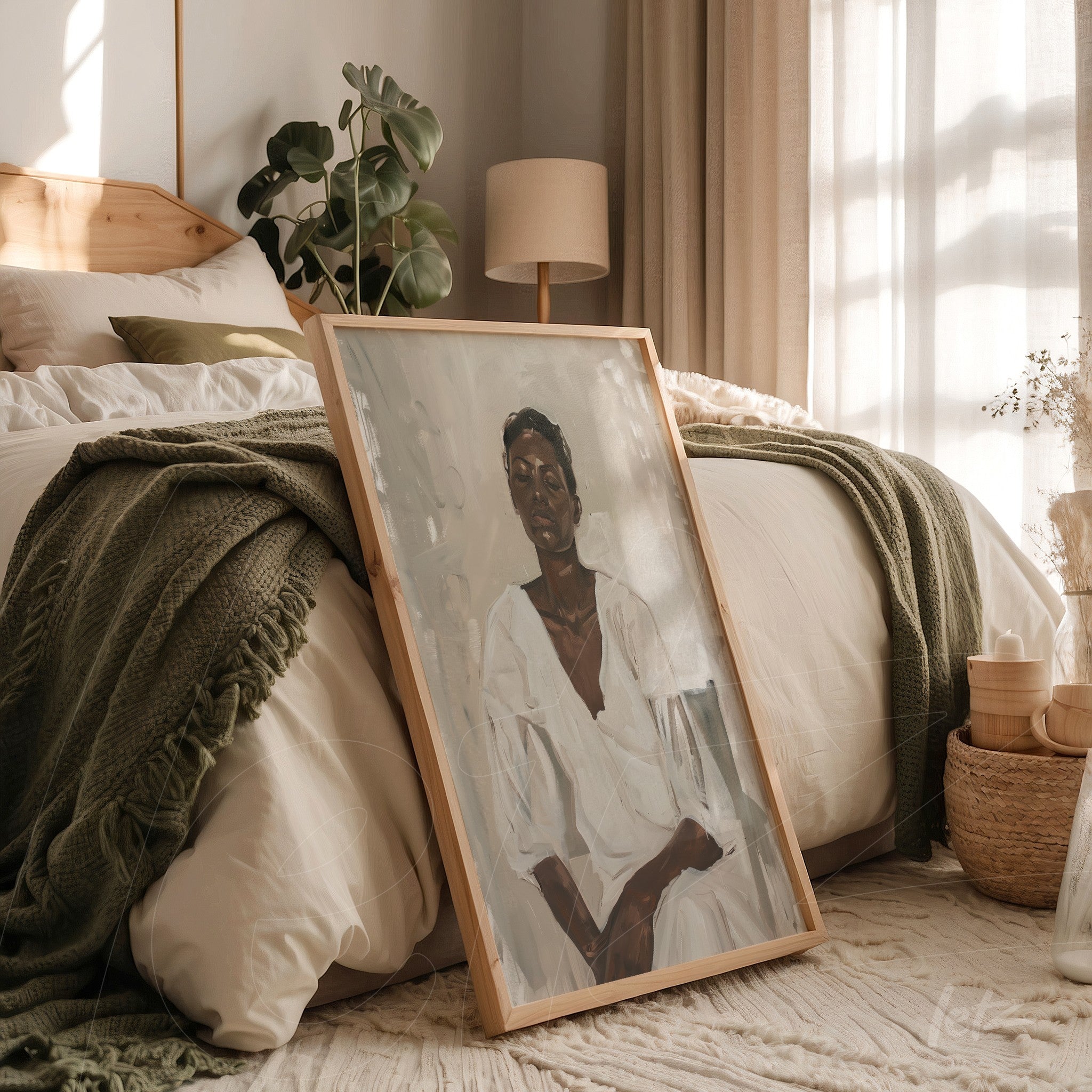 framed artwork in natural wood of seated woman portrait in a cozy bedroom setting