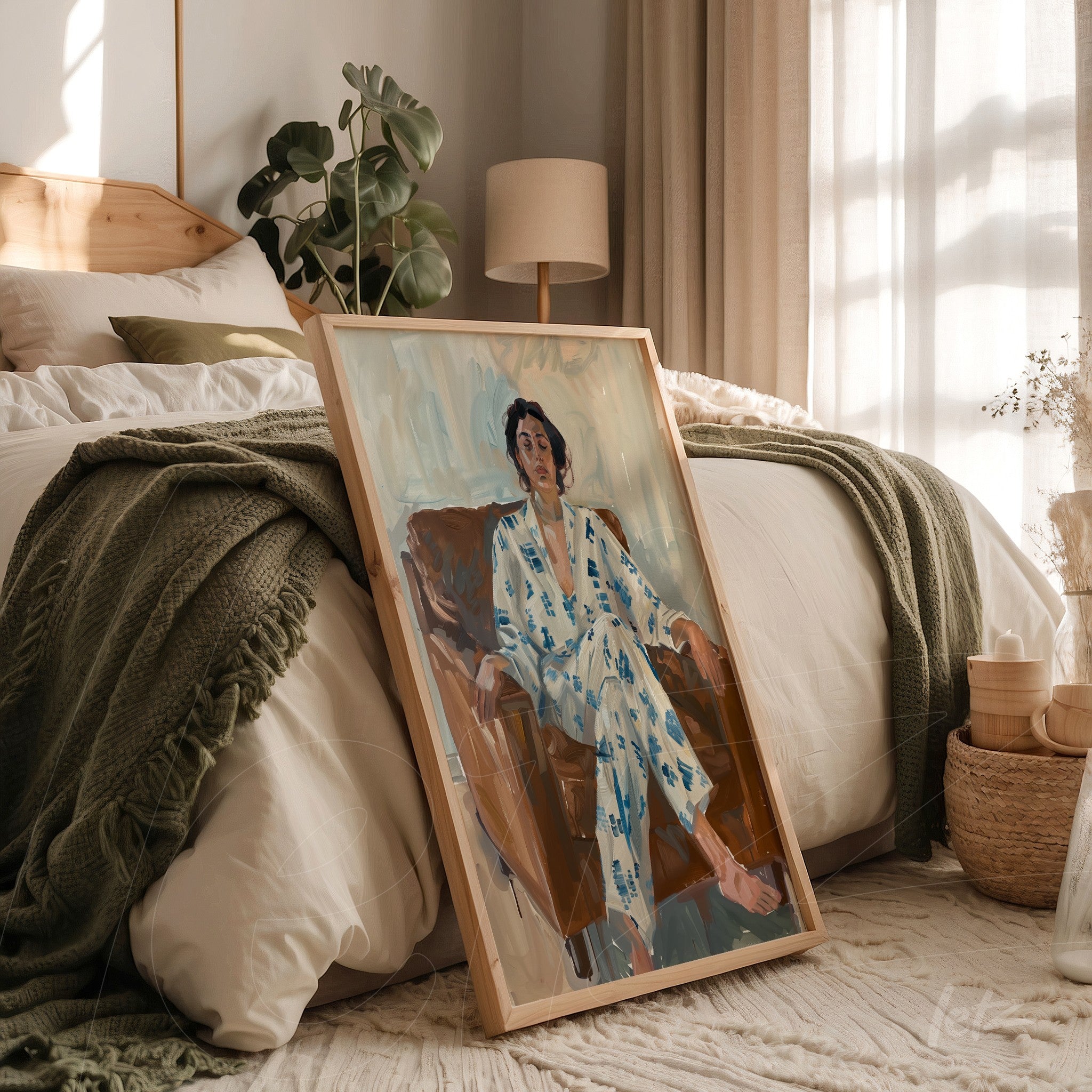 framed artwork featuring an expressive portrait of a woman sitting in a chair, wearing a light blue robe, leaning against the floor in a cozy bedroom