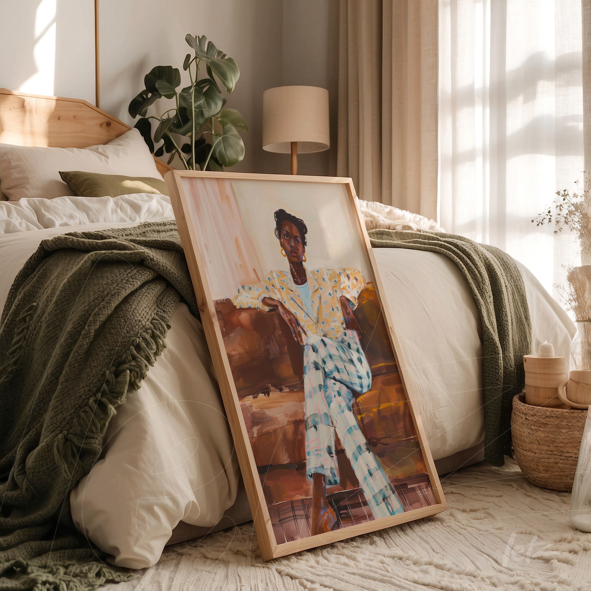framed contemporary portrait of a seated woman in light frame leaning against the floor in a minimalistic bedroom with a bed and soft decor