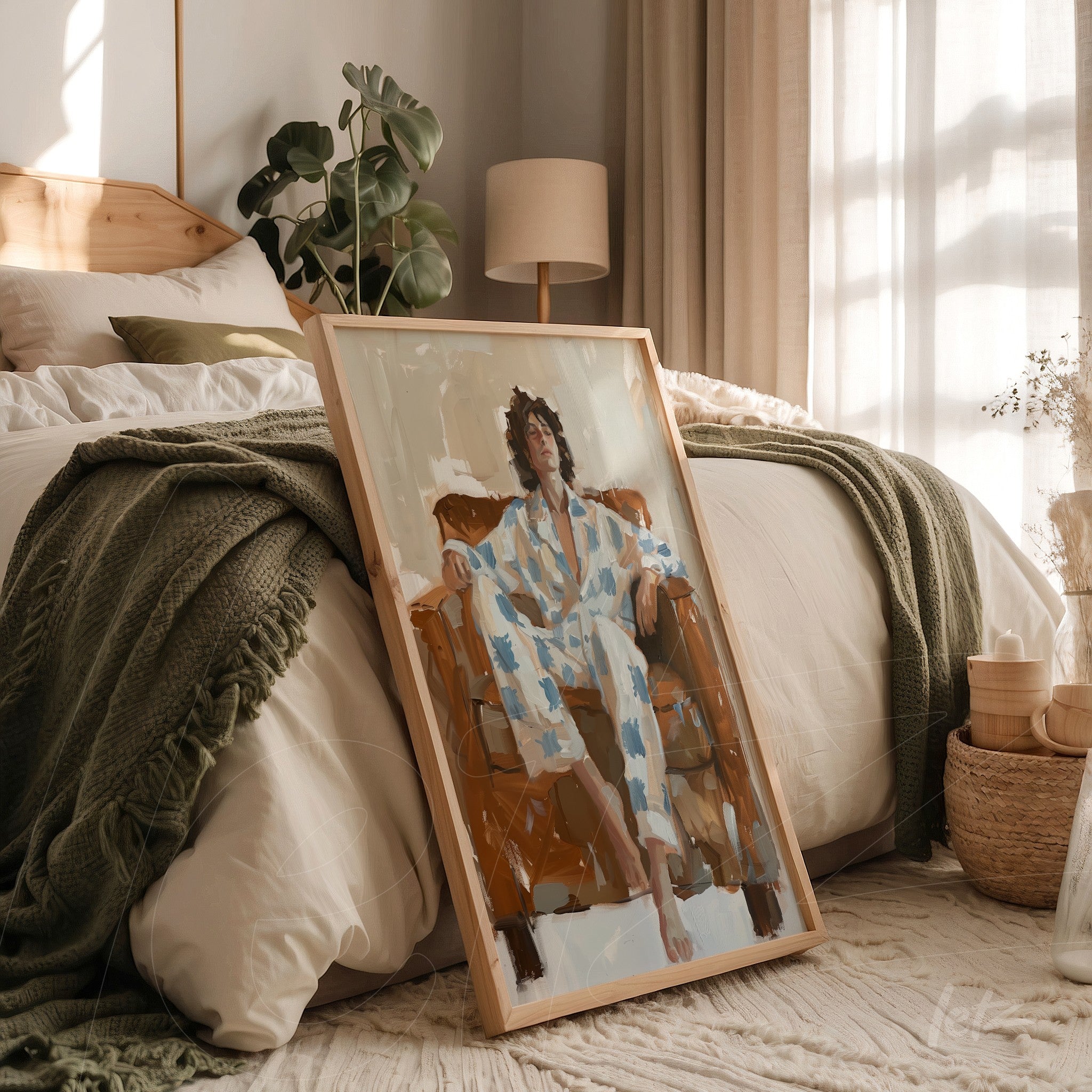 framed artwork of a seated woman in blue patterned pajamas on a sofa, leaning against a cozy bed in a warm setting