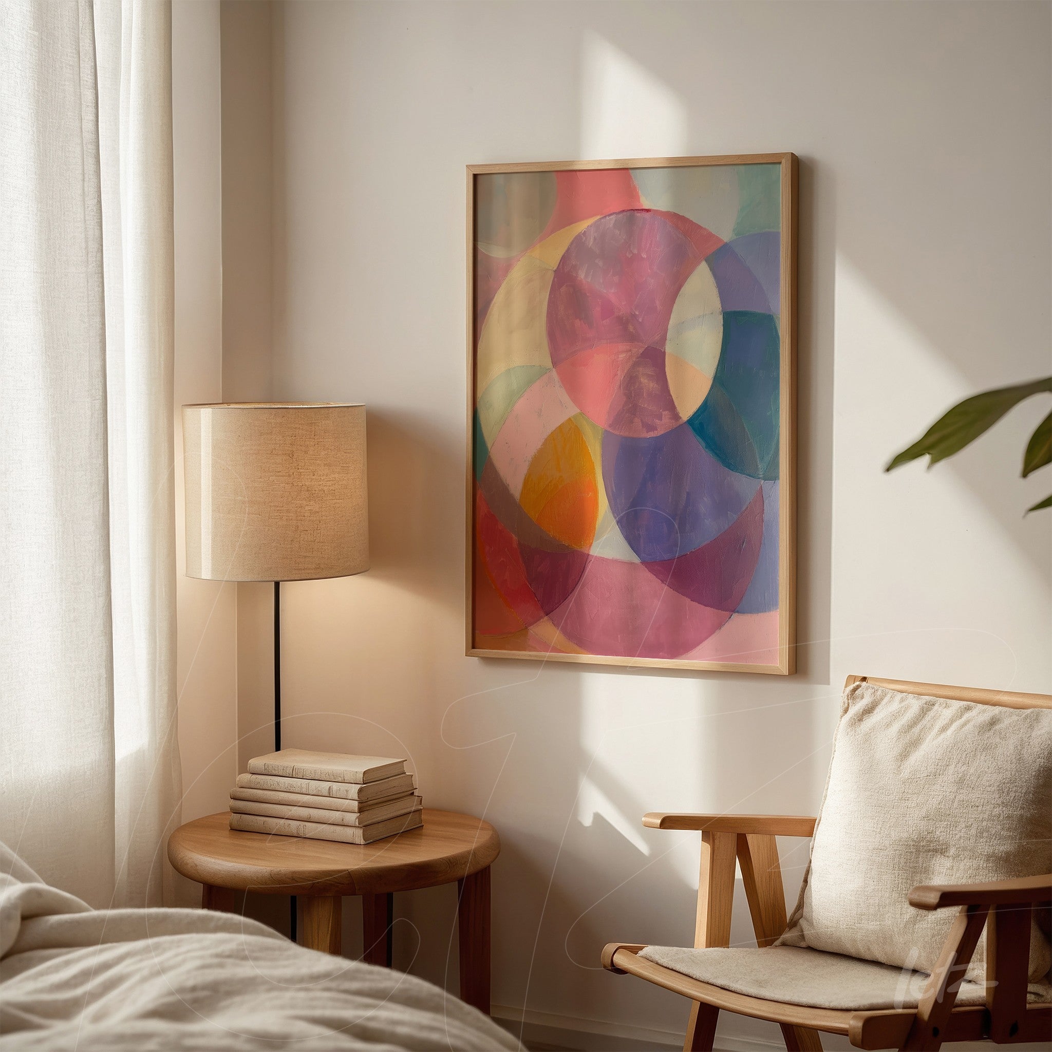 framed artwork featuring abstract design with overlapping colorful circles in various shades