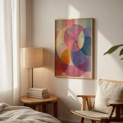 framed artwork featuring abstract design with overlapping colorful circles in various shades