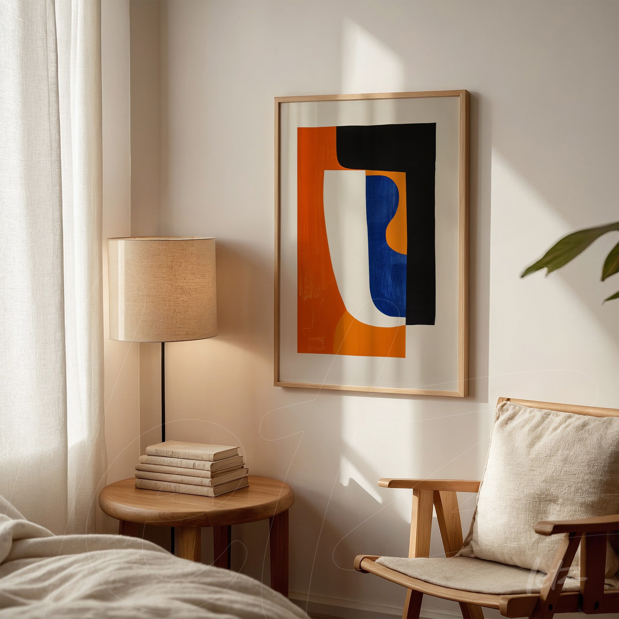 modern framed art with geometric shapes in blue, orange, and black on white wall