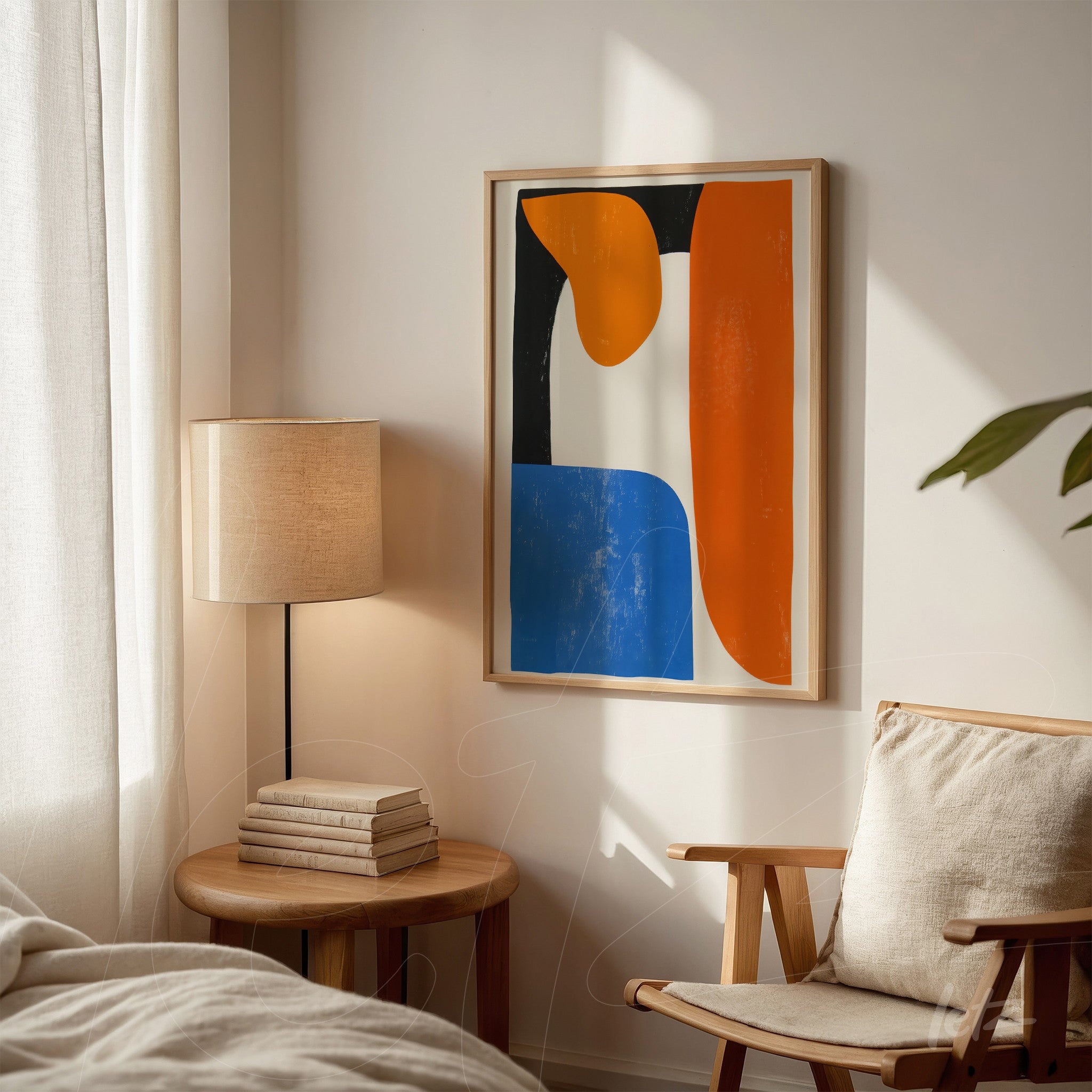 abstract wall art featuring geometric shapes in shades of blue, orange, and black, framed in light wood, displayed on a neutral wall next to a lamp