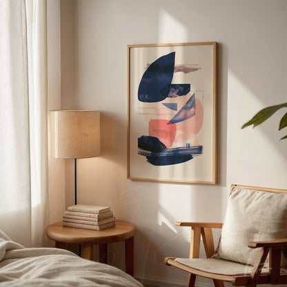 framed wall art featuring abstract shapes in blue and pink colors displayed in a minimalist room with a wooden side table and lamp