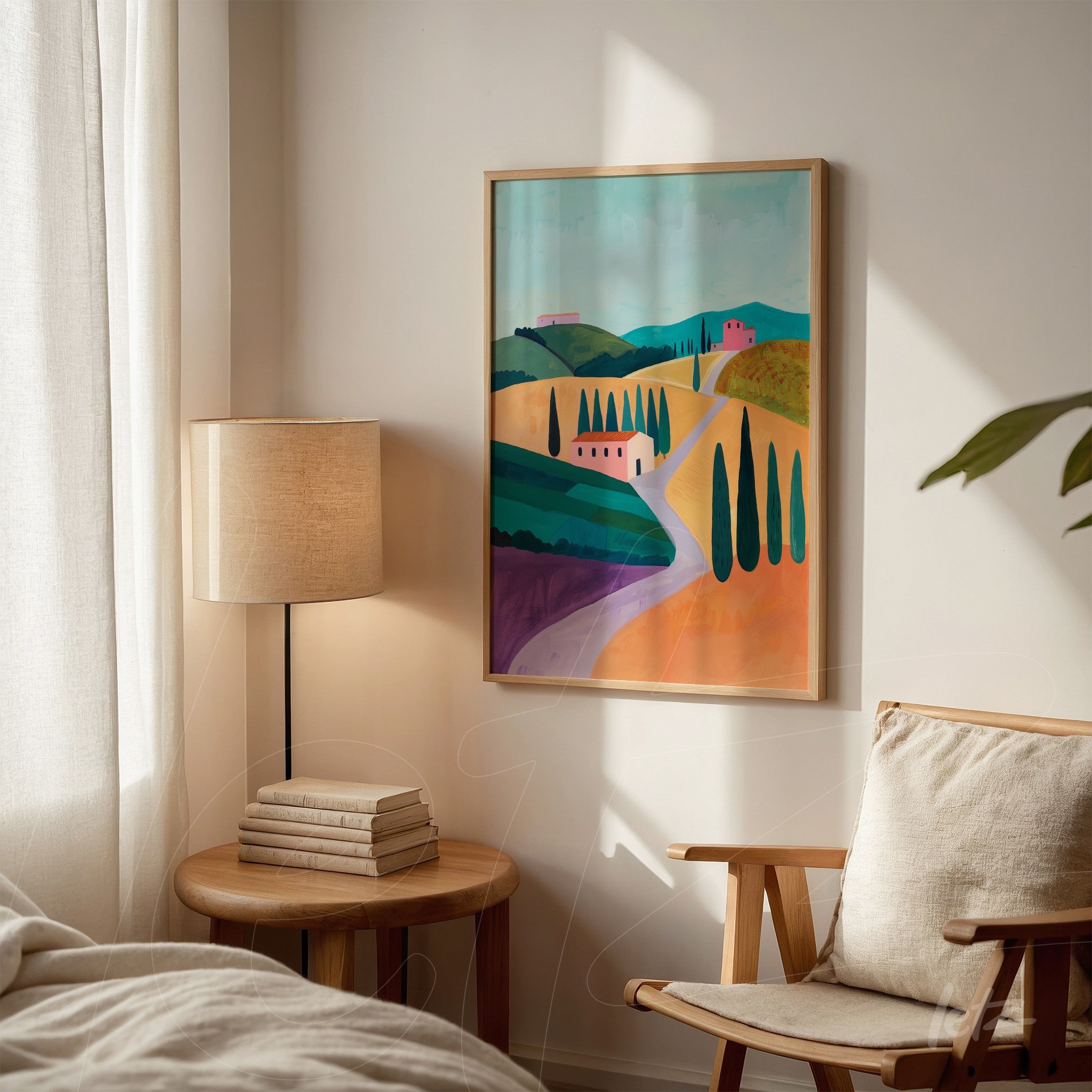 framed wall art depicting a countryside landscape with rolling hills, cypress trees, and colorful houses against a vibrant background