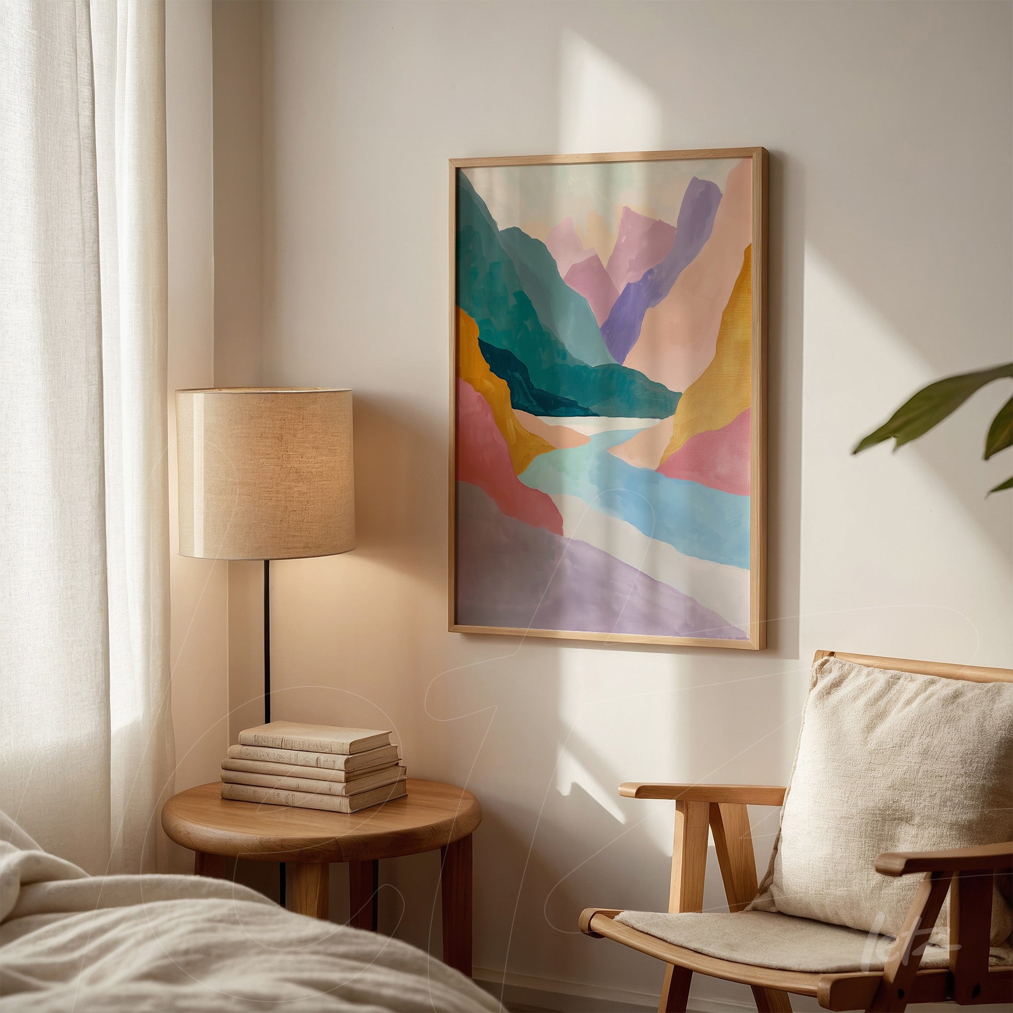 framed wall art featuring an abstract mountain landscape in soft colors displayed in a bright bedroom setting