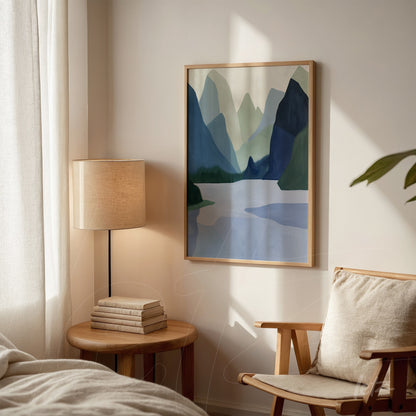 framed abstract art of mountainous landscape in light wood frame, hanging on softly lit bedroom wall