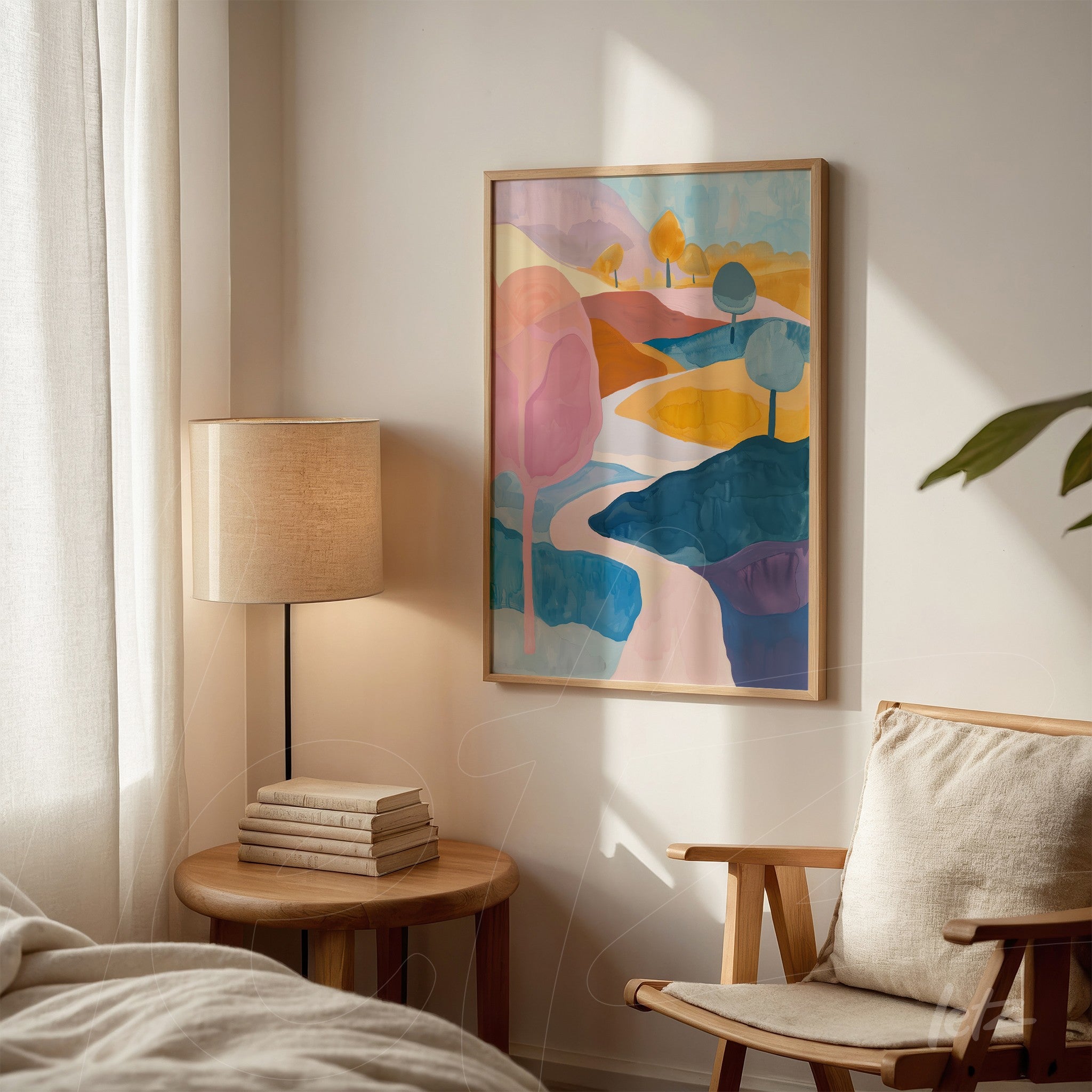 framed abstract artwork depicting a landscape with hills and trees in shades of pink, blue, and yellow displayed on a light wall next to a wooden side table