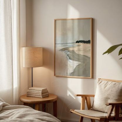framed artwork depicting a coastal landscape in light wood frame displayed in a softly lit room