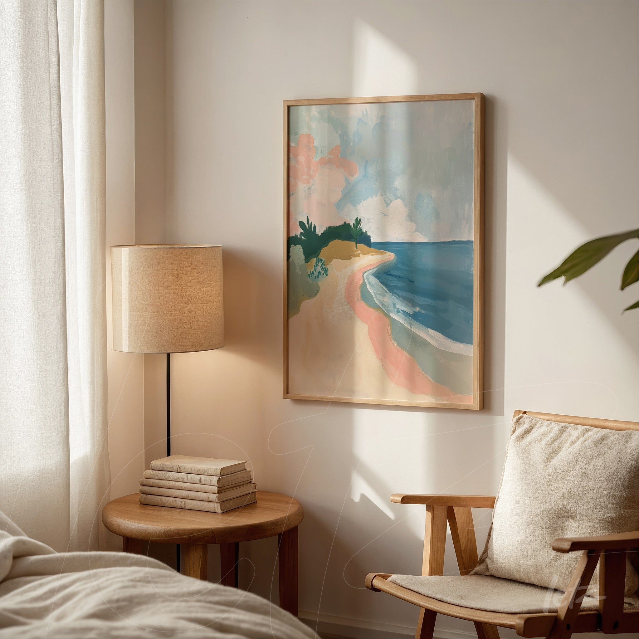 framed abstract painting of a beach in light wood frame displayed in a cozy setting with wooden side table and lamp